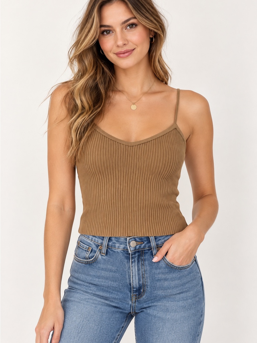 Emory Park Camel Ribbed Knit Cami Tank Top – Size small